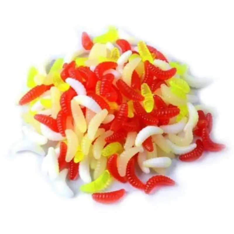 Silicone-Grub-Baits-Maggot-Lures-Small-Worms-50Pk-yellow-red-white-and-cream-coloured.webp