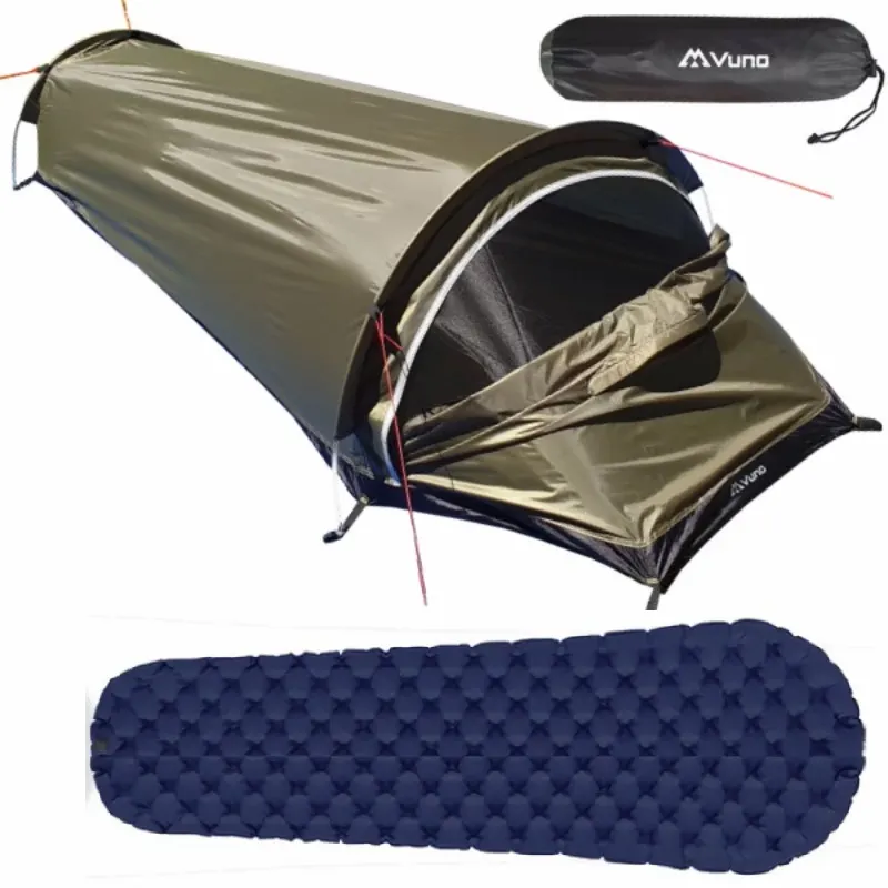 Vuno-Bivvy-Bag-Tent-with-Lightweight-Mattress-1260-grams-with-navy-sleeping-mat-vuno-nz-2025.webp