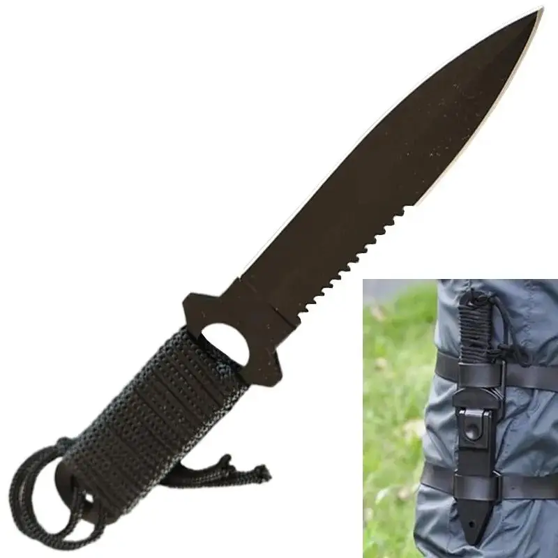 Black Fixed Blade Tactical Paracord Knife with Leg Sheath and Straps 21.5cm