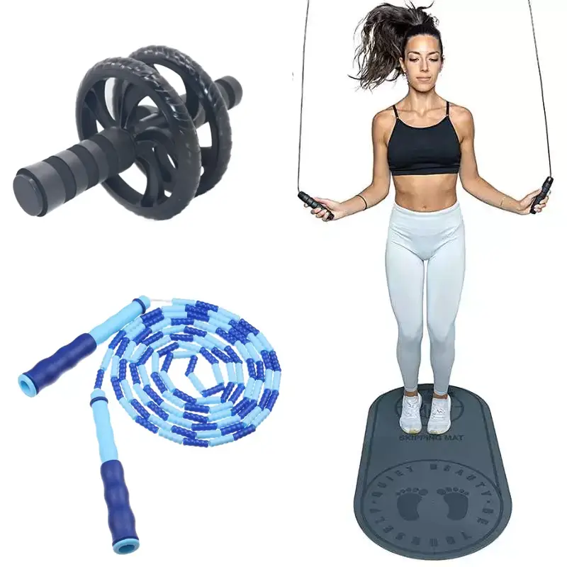 Jump Rope with Mat and Ab Roller Wheel Set - Home Gym Essentials Kit