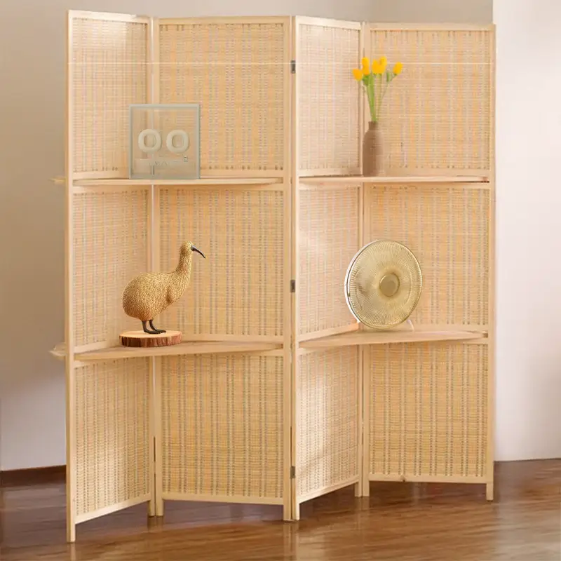 Bamboo and Wood Panel Room Divider – Freestanding Foldable with Shelves