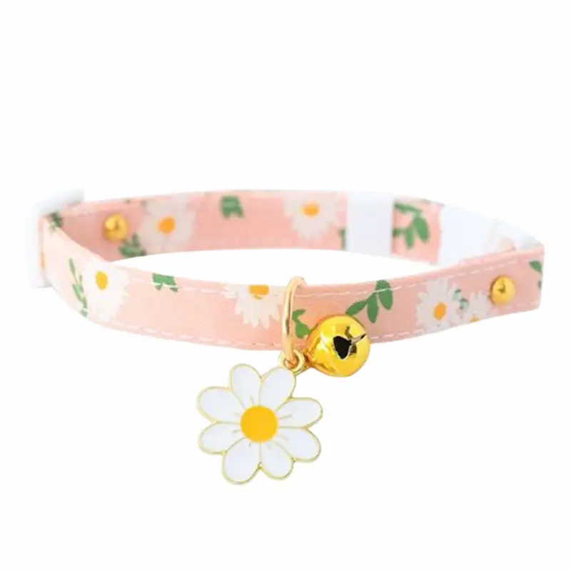 Pink Cat Bell Collar Adjustable with a Cute White Flower Pattern 