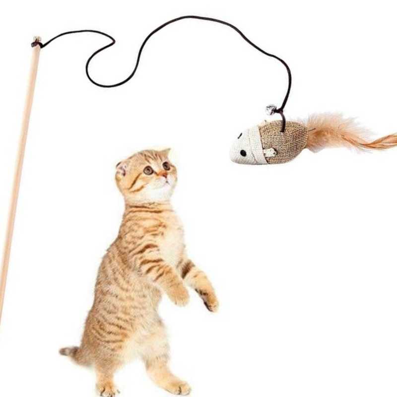 Cat Teaser Mouse Toy on a Wooden Stick Handle