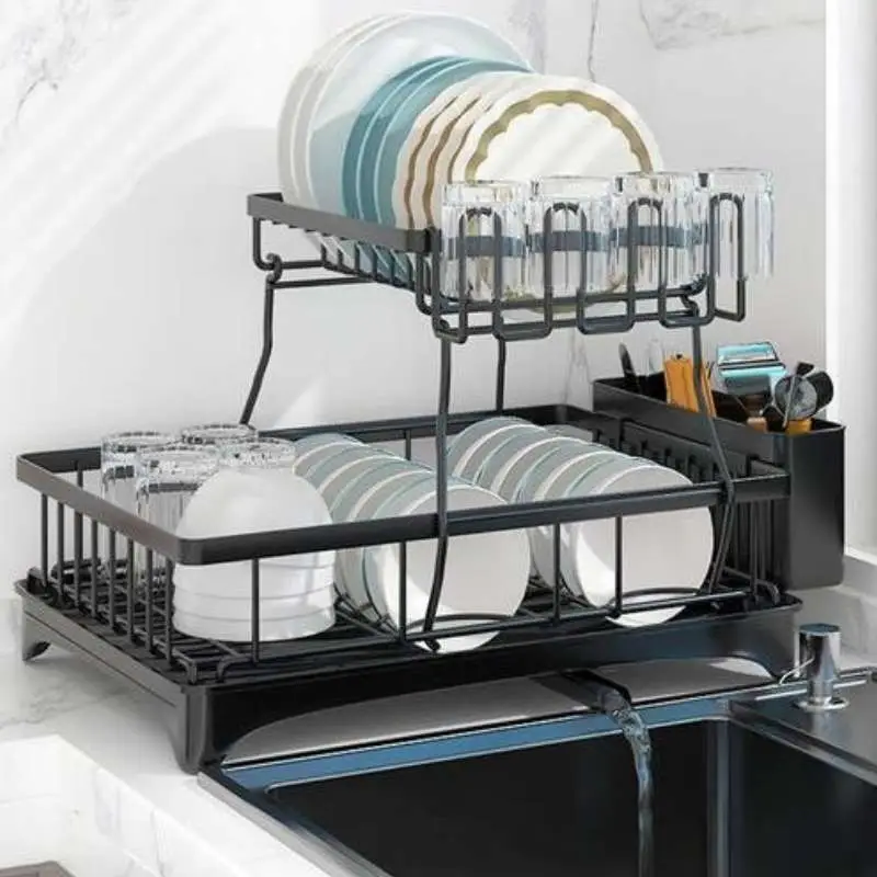 Black Dish Drainer Rack 2 Tier with Drain Spout